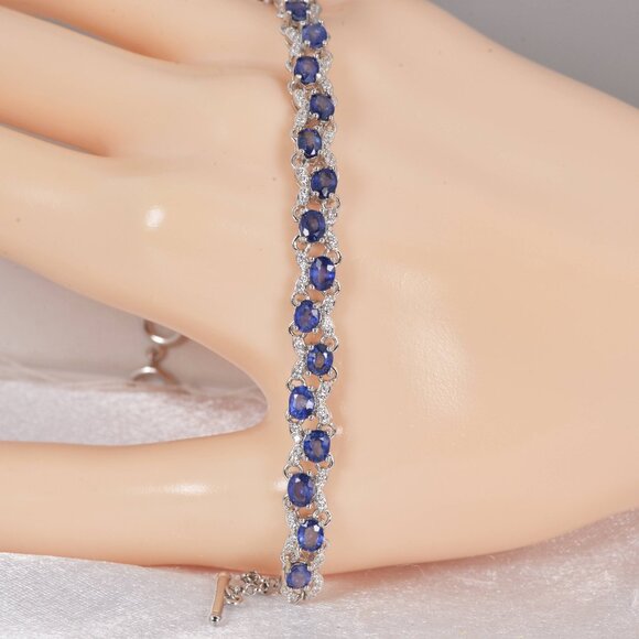 925 Sterling Silver Natural Oval Blue Sapphire Tennis Bracelet - Picture 1 of 3